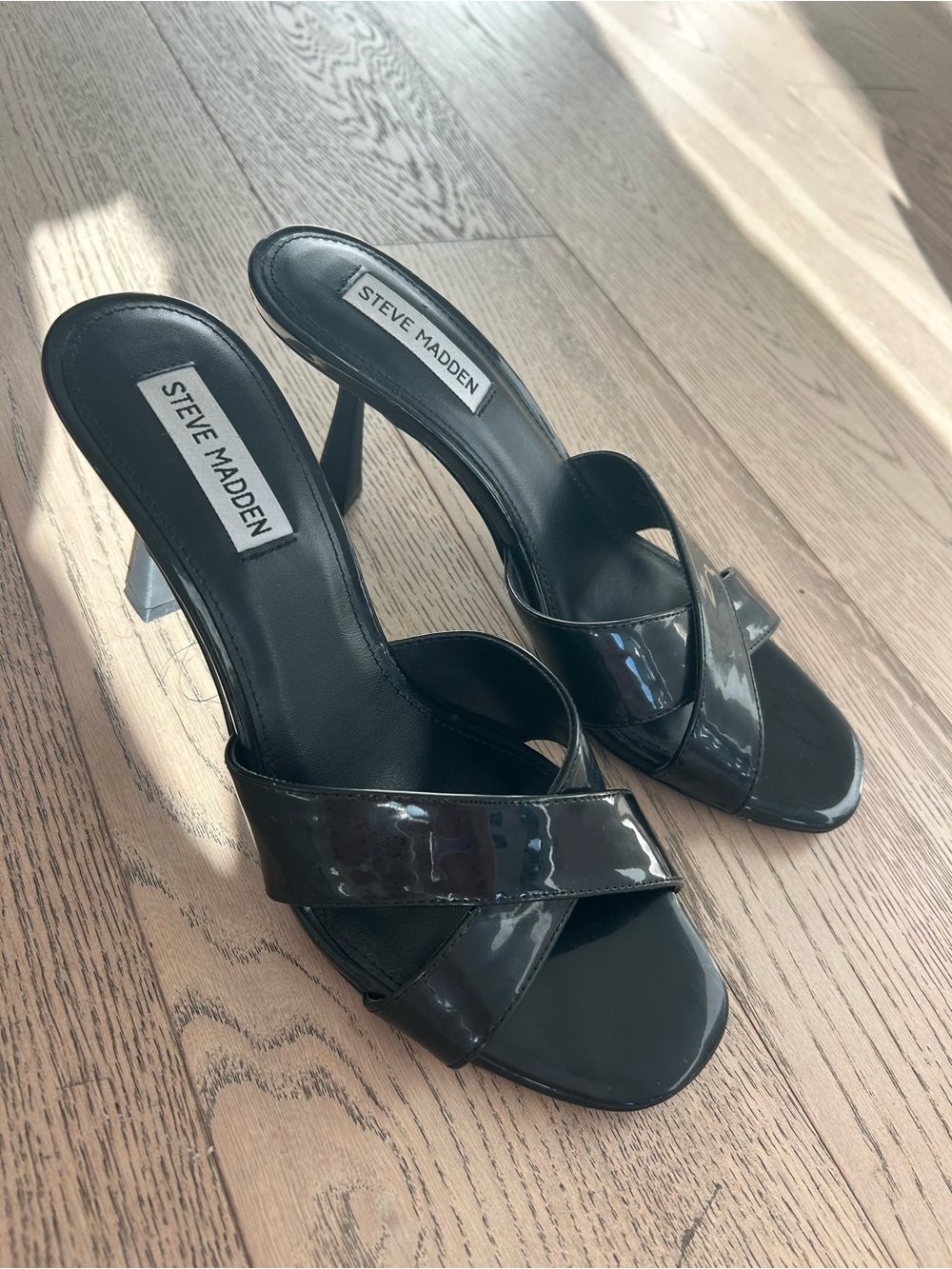 Steve Madden Black Patent Crisscross Mule Heels